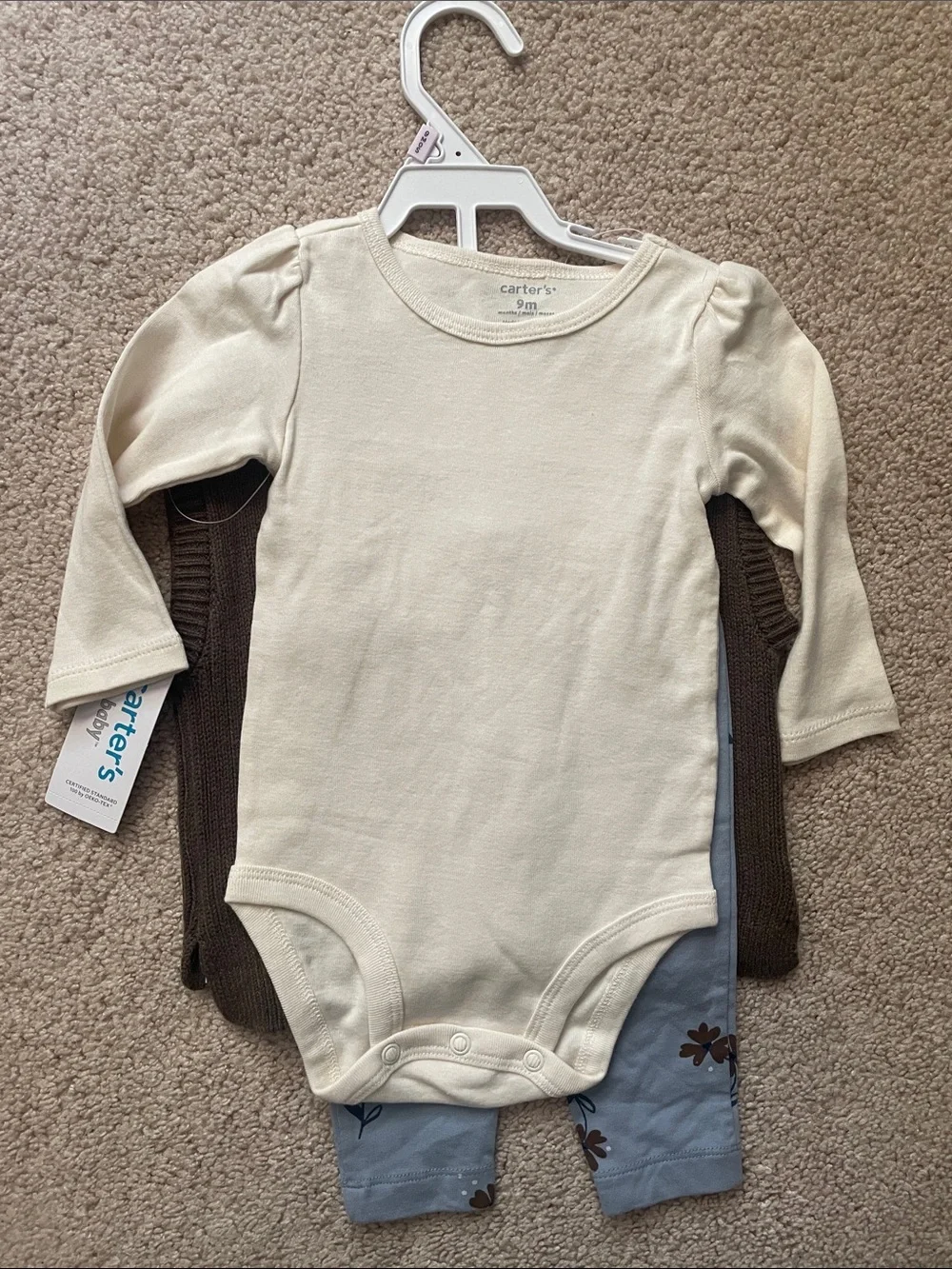 Carter's Brown Knit Vest with Cream Top & Blue Floral Leggings
